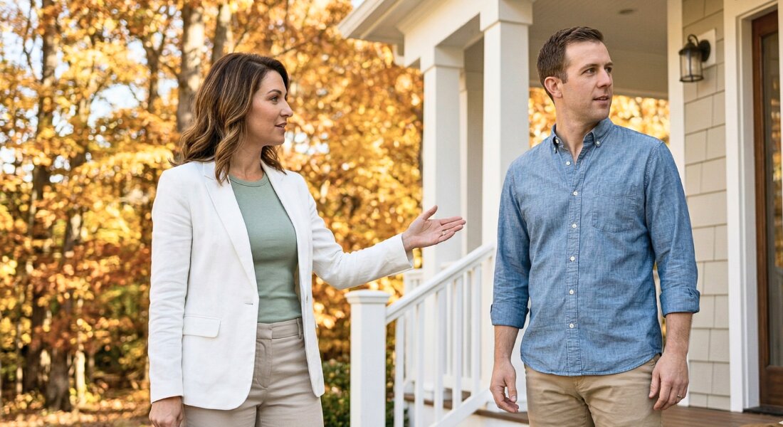 Realtor welcoming a young couple at the front porch of a craftsman home surrounded by vibrant Virginia autumn foliage.