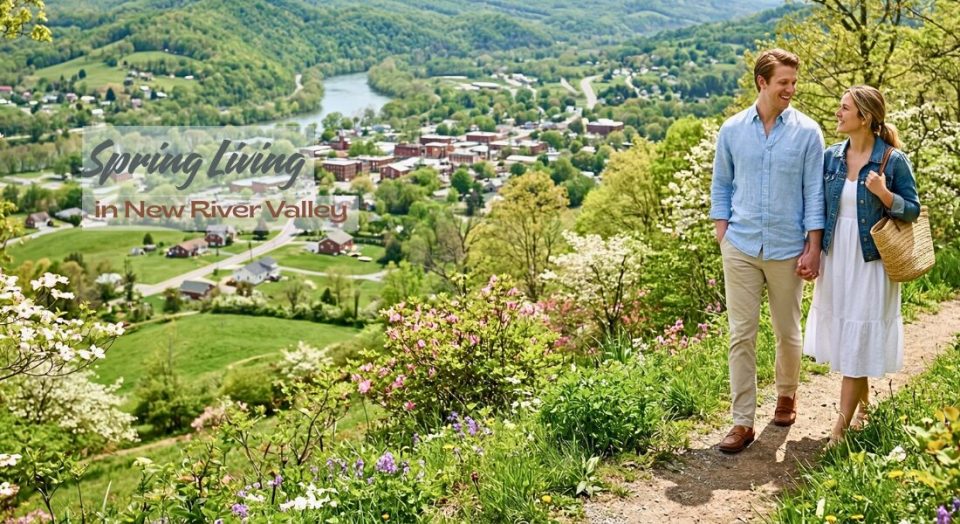 Couple walking through blooming hillside in New River Valley during spring.