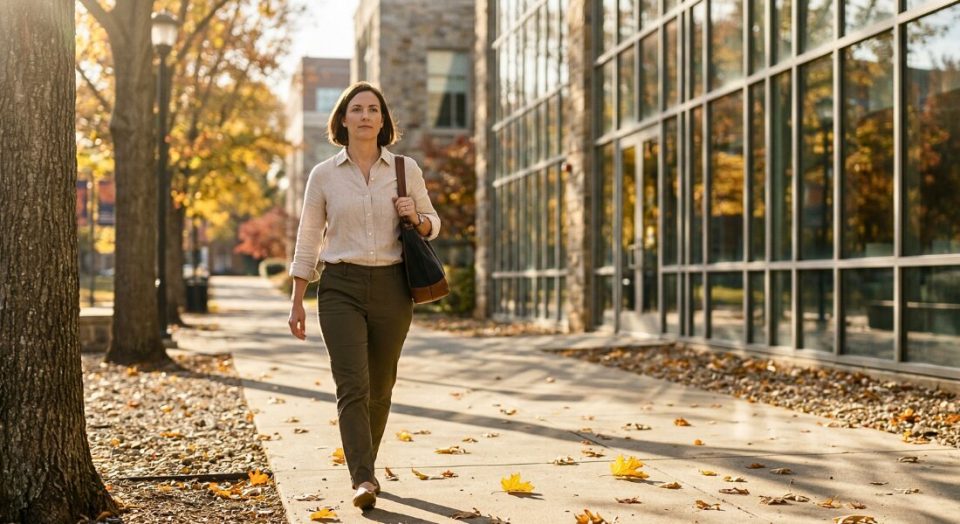 Woman walking along a sunlit Virginia Tech research building corridor on a warm autumn morning.