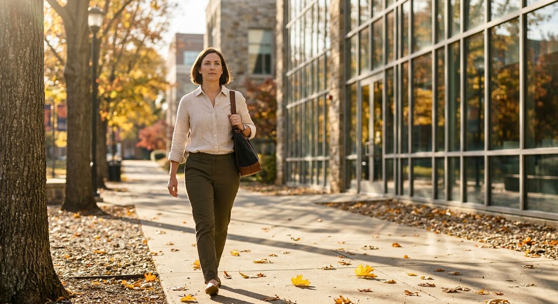 Woman walking along a sunlit Virginia Tech research building corridor on a warm autumn morning.