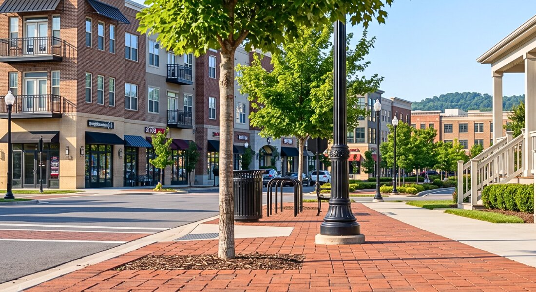 Residential neighborhood leading toward Christiansburg's growing mixed use town center under bright natural daylight.