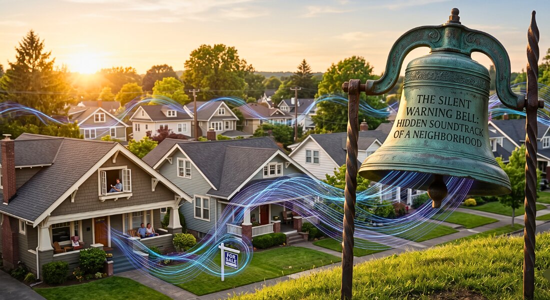 A residential neighborhood at sunset with a large decorative bell in the foreground symbolizing hidden noise levels affecting community livability.