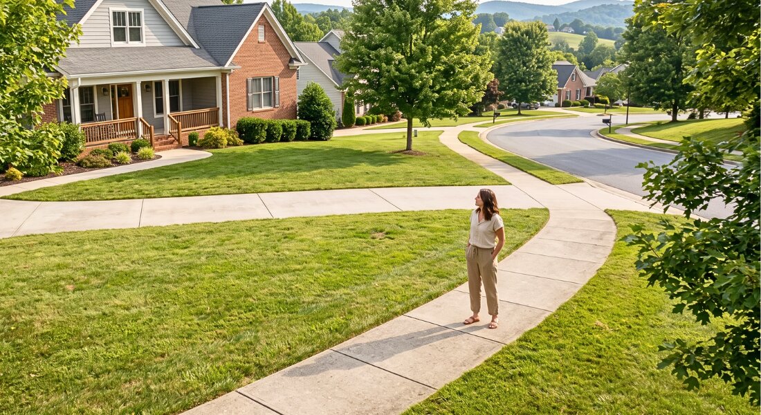 A homebuyer studies a listing on a quiet late summer neighborhood street in the New River Valley.