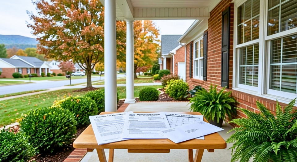 Virginia homeowner tax relief documents on the porch of a New River Valley home