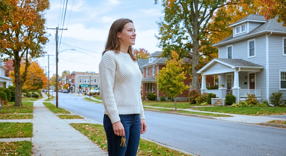 A homebuyer stands beside a Blacksburg sidewalk near a modest neighborhood home.