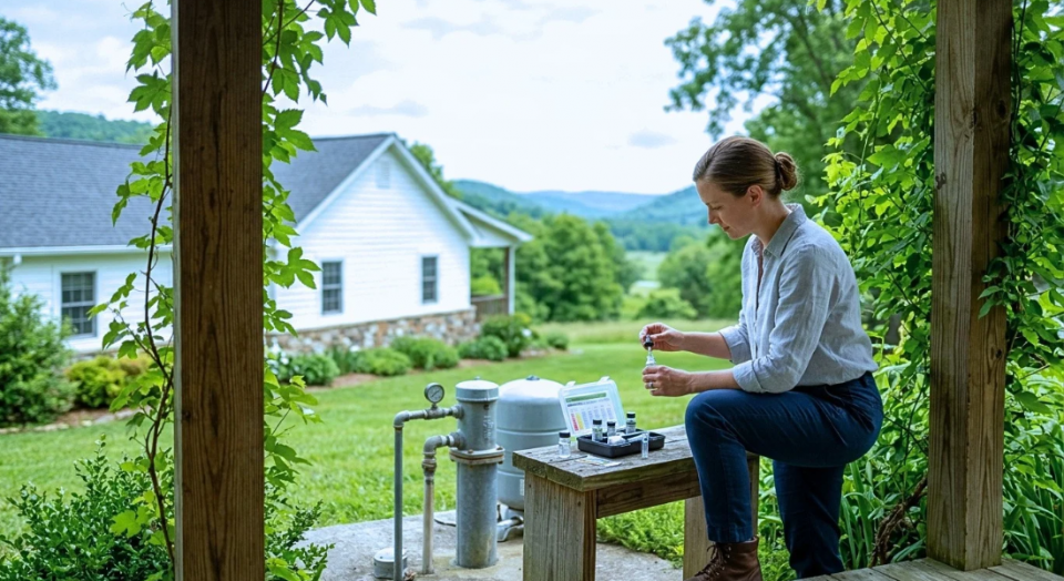 A homebuyer's inspector examines a private well near a rural Virginia home.