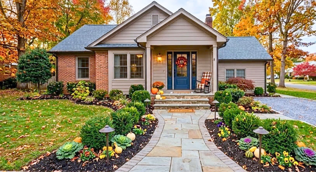 NRV home entrance with autumn planters mulch and clean walkway